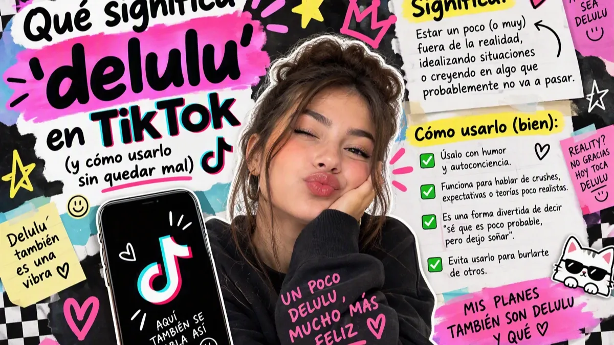 Portada de la sección cultura sobre el slang delulu, en tonos rosa y melocotón