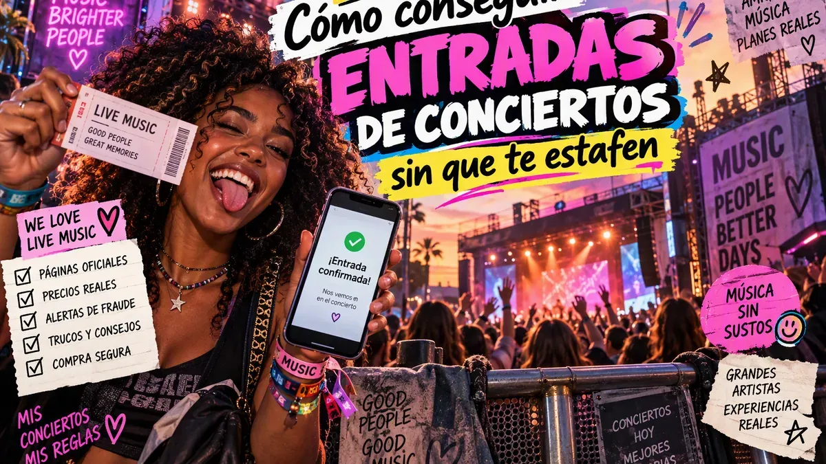 Portada sobre conciertos: fondo crema con detalles magenta y violeta